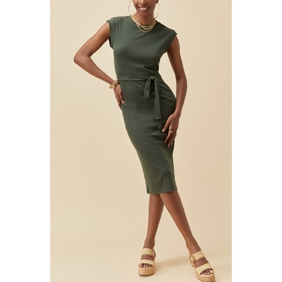 Francesca's Ribbed Knit Midi Dress Bodycon Sz XL Olive Green Tie Belt NWT - Picture 1 of 6